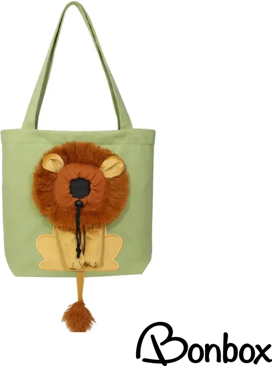 Kattendraagtas S groen met leeuwenmotief - canvastas voor katten met sluiting - op stap met je kat - reistas kleine hond - draagzak - Bonbox Shop - Tot max 3.0 kg