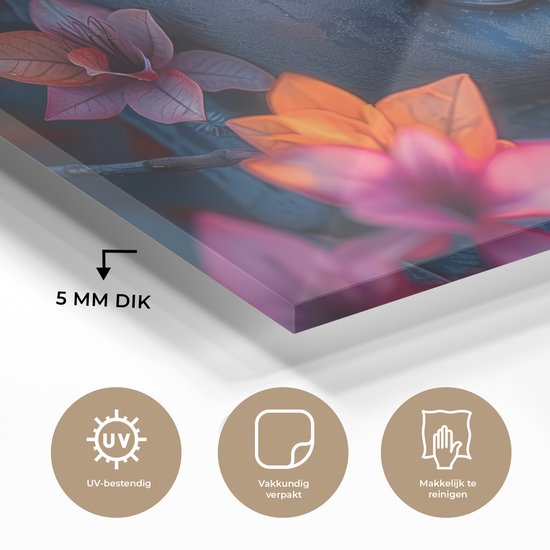 MuchoWow® Glasschilderij 120x80 cm - Schilderij acrylglas - Boeddha - Portret - Bloemen - Buddha - Beeld - Foto op glas - Muurdecoratie woonkamer - Wanddecoratie slaapkamer - Schilderijen