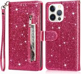 Portemonnee Hoesje - Wallet Case - Rits Sparkly Glitter - Telefoonhoes met Kord Geschikt voor: Apple iPhone 15 Pro - Roze