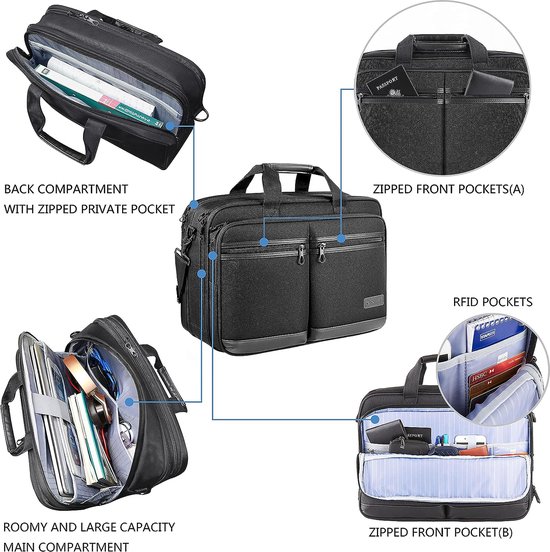 TECOOL 14 inch laptoptas, 360 graden bescherming, laptop schoudertas, schoudertas voor 14 inch Lenovo Acer ASUS Dell HP notebook, waterdichte aktetas, 15 inch MacBook Air tas, zwart