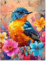 Tuinposter 120x160 cm - Tuindecoratie - Graffiti - Vogel - Bloemen - Streetart - Poster voor in de tuin - Buiten decoratie - Schutting tuinschilderij - Muurdecoratie - Buitenschilderijen - Tuindoek - Buitenposter..