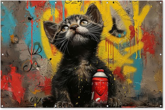 Tuinposter 180x120 cm - Tuindecoratie - Graffiti - Kitten - Street art - Kat - Dier - Poster voor in de tuin - Buiten decoratie - Schutting tuinschilderij - Muurdecoratie - Tuindoek - Buitenposter..