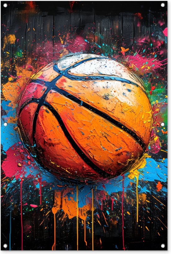 Tuinposter 80x120 cm - Tuindecoratie - Graffiti - Basketbal - Verf - Sport - Street art - Poster voor in de tuin - Buiten decoratie - Schutting tuinschilderij - Muurdecoratie - Buitenschilderijen - Tuindoek - Buitenposter..