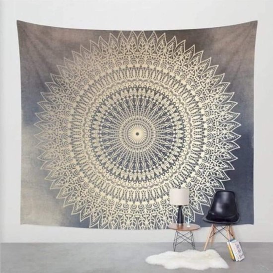 Indiaas wandtapijt, wandtapijt, mandala, doek, wanddoek, gobelin, wandtapijt, Goa, India, hippie/boho-stijl, als decoratiedoek/sprei, Indiase oosterse psychedelische (203 x 153cm, grijze