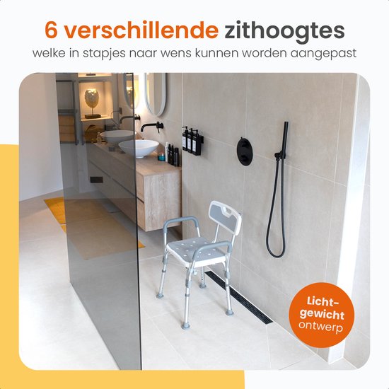 Goliving Verstelbare Douchestoel - Afneembare Arm- en Rugleuning - Douchekruk met Douchekop houder - Antislip - 3.2 kg - Zithoogte 36-51 cm - Wit