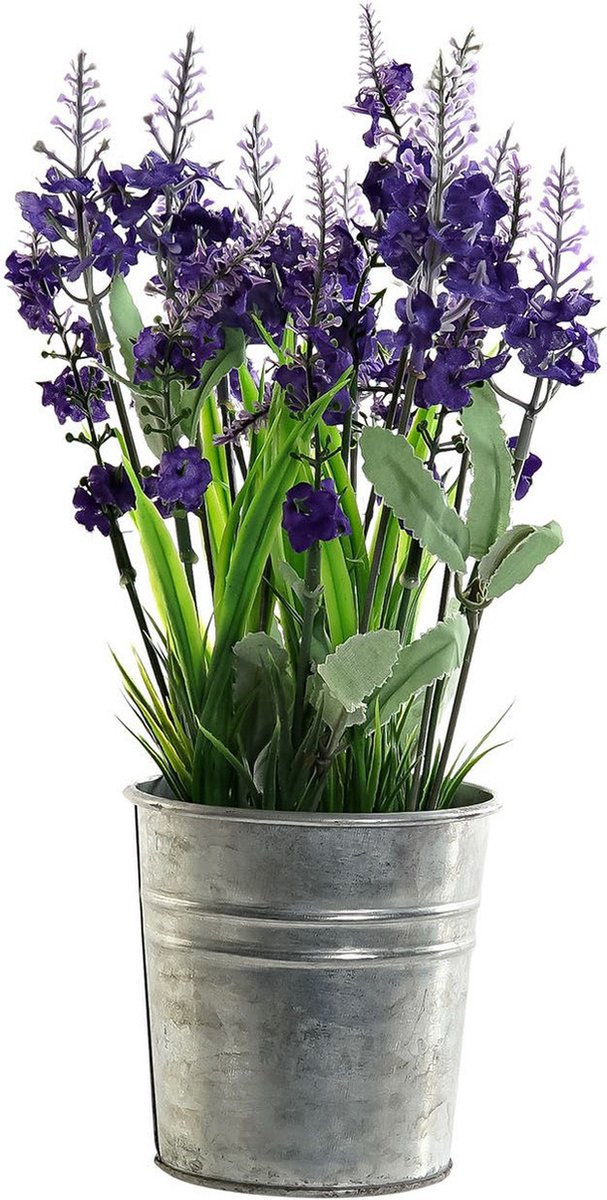 Lavendel kunstplant/kamerplant paars in grijze sierpot H28 cm x D18 cm - Kunstplanten/nepplanten