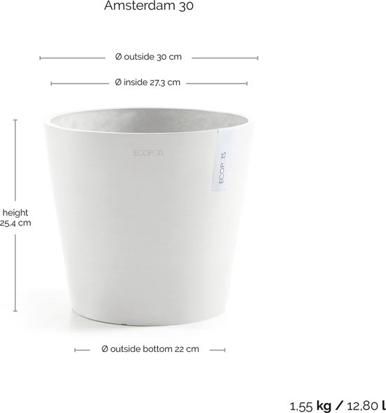 Ecopots Amsterdam 30 - Pure White - Ø30 x H25,4 cm - Ronde witte bloempot