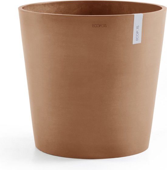 Pot de fleurs rond brun Amsterdam 60 d'Ecopots avec étiquette blanche.