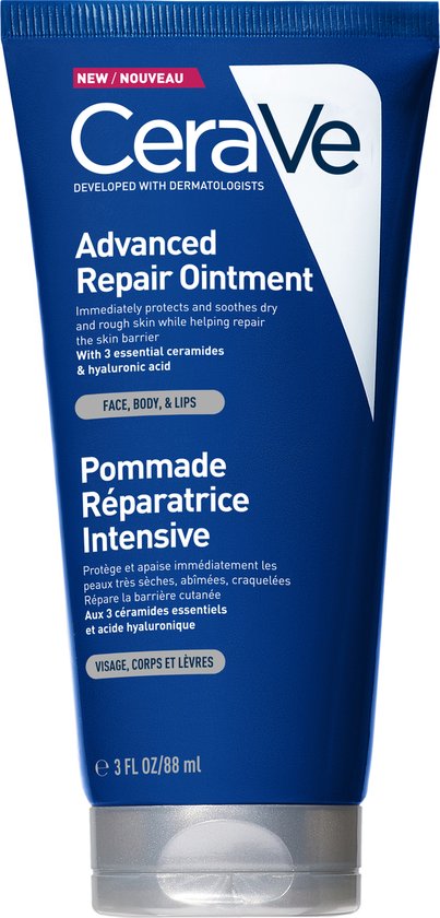 CeraVe Advanced Repair Ointment tube met blauwe en witte tekst. Gezicht, lichaam en lippen.