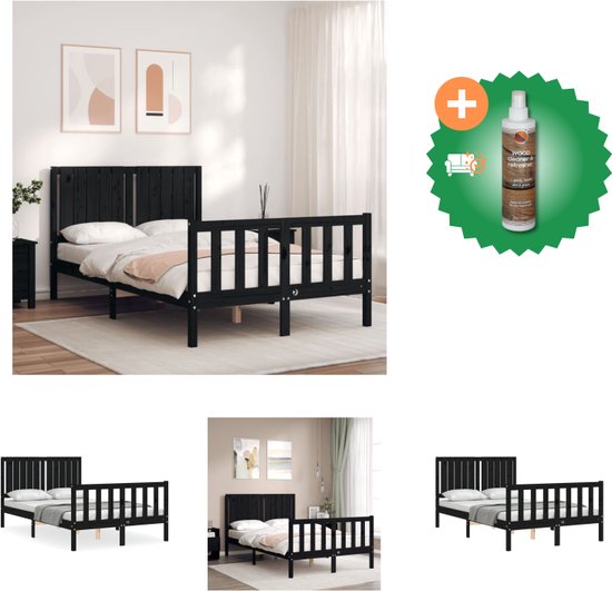 vidaXL Bedframe met hoofdbord massief hout zwart 120x200 cm - Bed - Inclusief Houtreiniger en verfrisser
