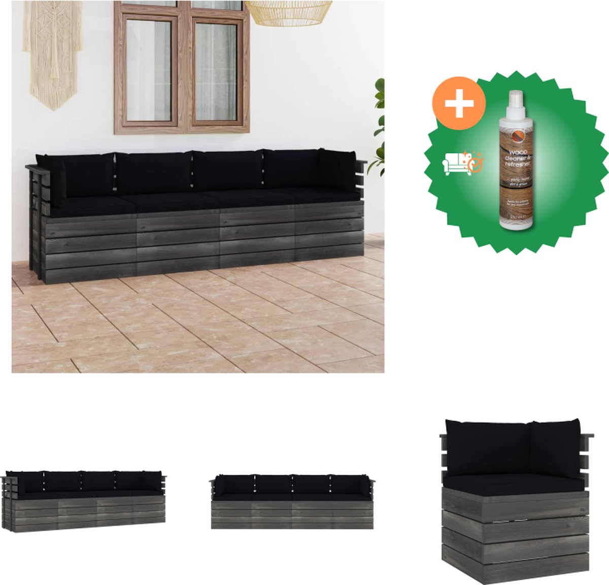 VidaXL Palletbank Vierzitsbank Grenenhout Zwart kussen Afmetingen- 60 x 65 x 71.5 cm Montage vereist Tuinset Inclusief Houtreiniger en verfrisser