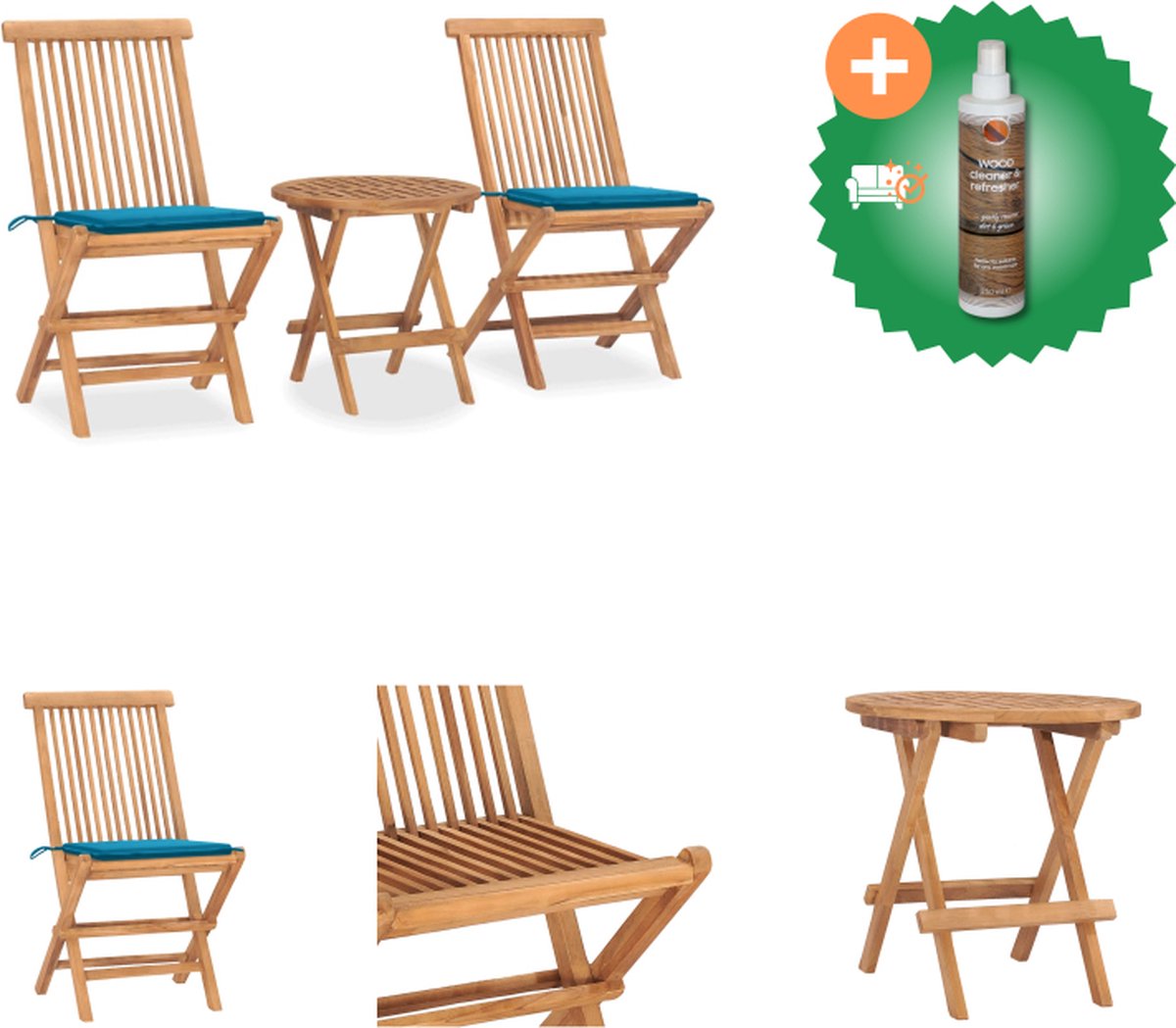 VidaXL Eethoek Teakhouten Tuintafel 50 x 50 cm Stoelen 46 x 62 x 90 cm Blauw Kussen Tuinset Inclusief Houtreiniger en verfrisser