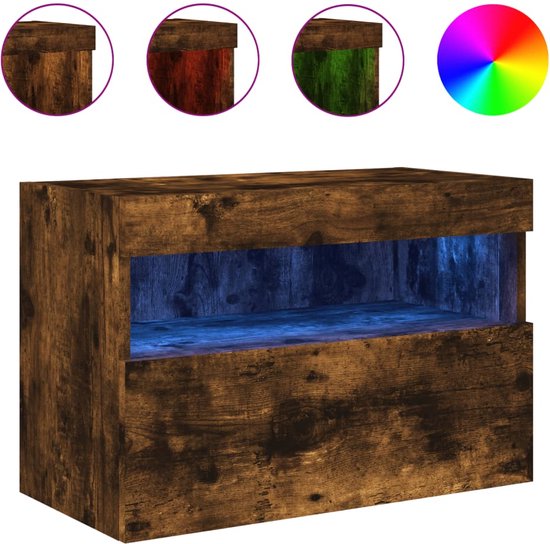 Zwevend kastje met verlichting in blauwtint, gerookt eikenprint.