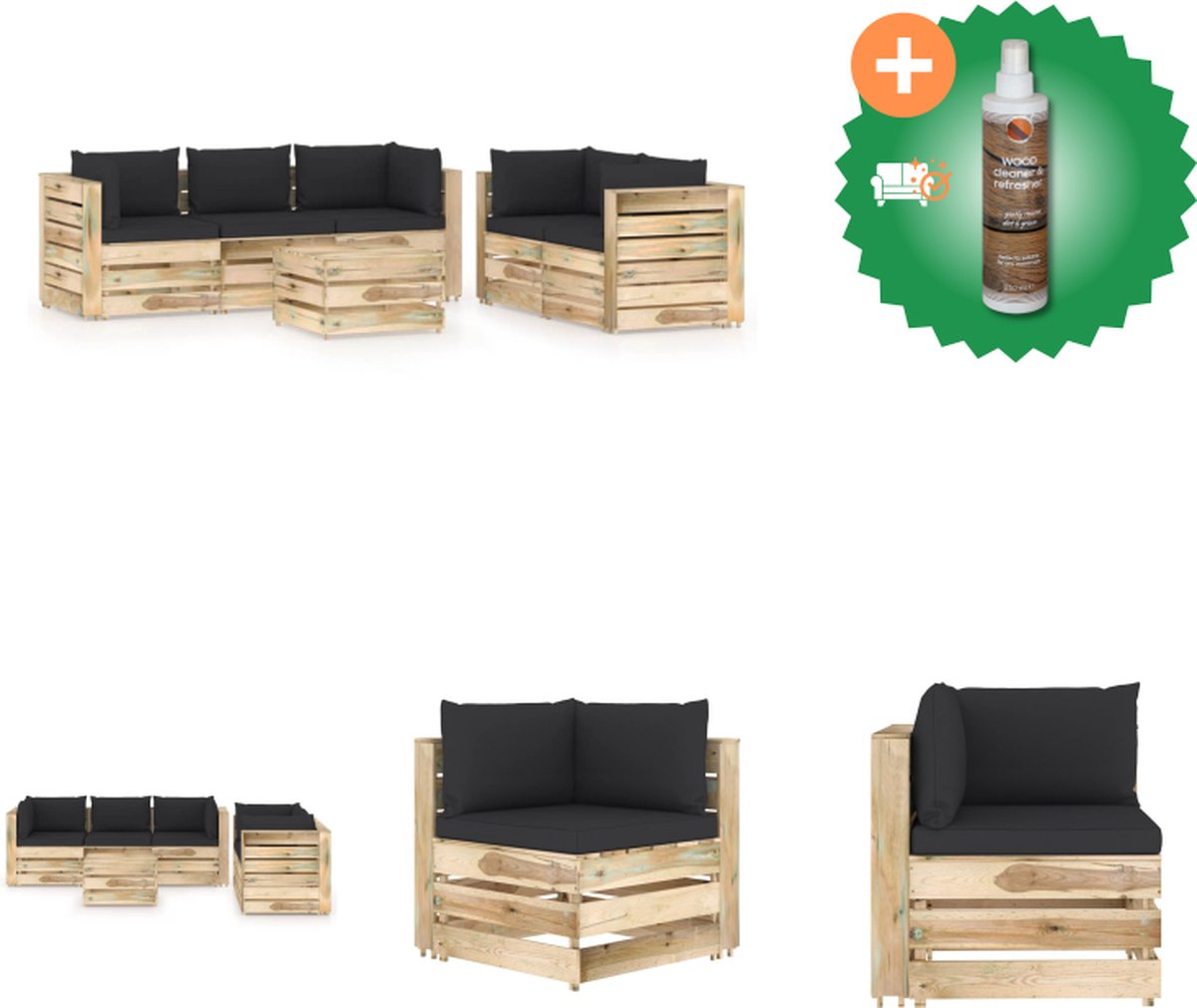 VidaXL Pallet Loungeset Grenenhout Inclusief 5 zitkussens 9 rug zijkussens Hoekbank Middenbank Tafel Voetenbank Zwart Kussen 69x70x66cm 60x70x66cm 60x62x37cm Tuinset Inclusief Houtreiniger en verfrisser