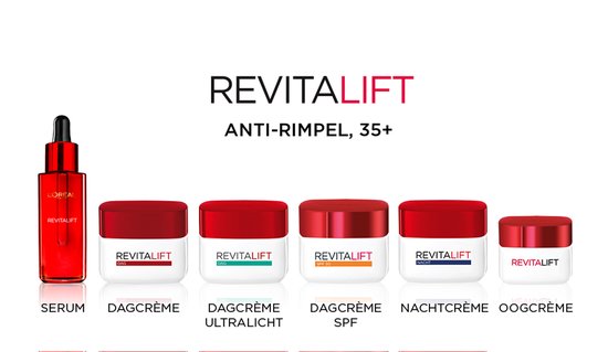 Collectie L'Oréal Paris Revitalift anti-rimpel producten inclusief serum, dagcrème, nachtcrème en oogcrème.