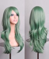 KIMU luxe lange mintgroene pruik pastel zeemeermin - lichtgroene groen mermaid lang haarwerk met schuine pony - elfje eenhoorn