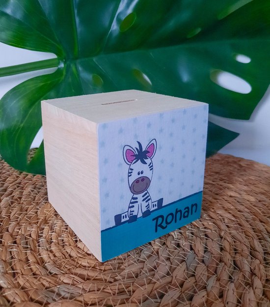 Houten spaarpot - Zebra - Jungle - Safari - Dieren - Sterren - Jongen - Baby - Blauw - Groen - Kraamcadeau - Hout - SVP NAAM DOORGEVEN PER E-MAIL van SVP — afbeelding 2