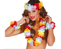Guirca Hawaii krans/slinger set - Tropische/zomerse kleuren mix - Hoofd/polsen/hals slingers - Party verkleed accessoires