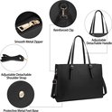 Zwarte laptoptas met details: metalen ritssluiting, verstelbare schouderband, metalen voetjes en versterkte clip.