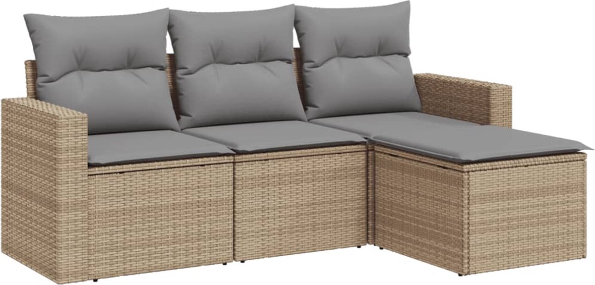 vidaXL 4-delige - Loungeset - met - kussens - poly - rattan - beige