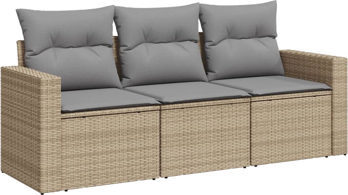 vidaXL 3-delige - Loungeset - met - kussens - poly - rattan - beige