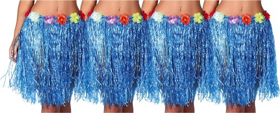 Fiestas Guirca Hawaii verkleed rokje - 4x - voor volwassenen - blauw - 50 cm - hoela rok - tropisch