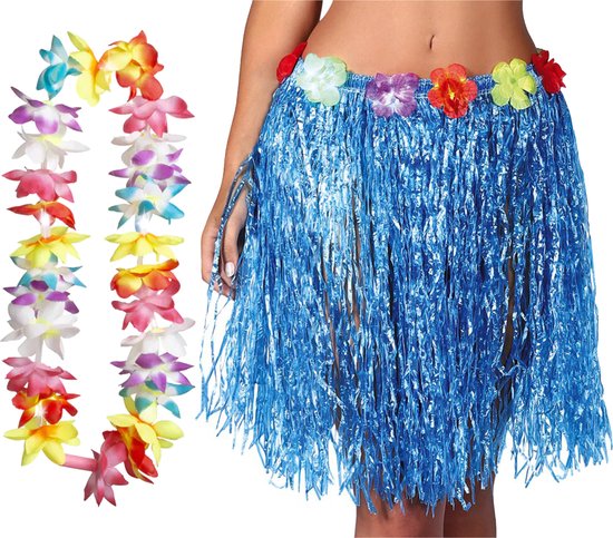 Toppers - Hawaï habille une jupe hula et une couronne de fleurs avec LED - adultes - bleu - soirée à thème tropical