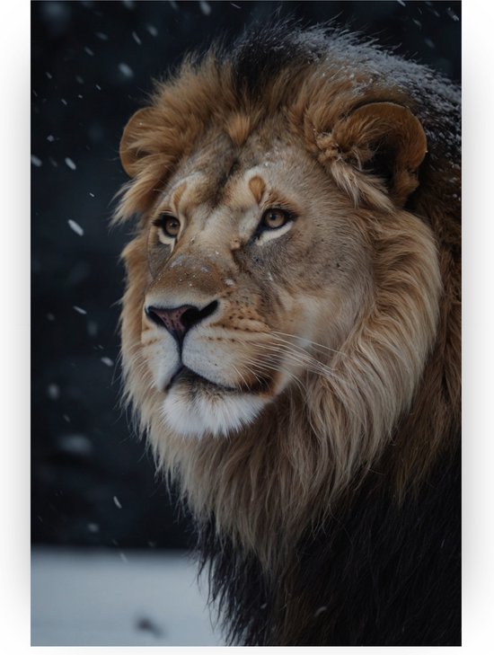 Leeuw in de winter poster - Leeuw wanddecoratie - Wanddecoratie winter - Wanddecoratie kinderkamer - Woonkamer poster - Muurdecoratie - 40 x 60 cm