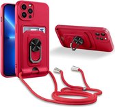 Étui de téléphone avec cordon Adapté pour : Apple iPhone 13 Pro - Porte-cartes - Protecteur d'appareil photo - Support d'anneau magnétique - FuturiQ - Rouge