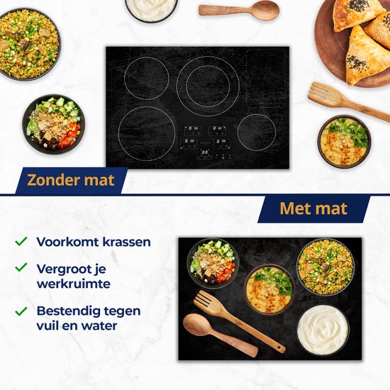 Collage die het verschil toont tussen koken zonder en met de zwarte inductiemat, met diverse gerechten.