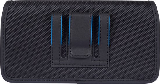 Holster de téléphone noir en nylon avec clip de ceinture et accents bleus.
