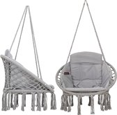 Macramé hangstoel voor binnen, comfortabele boho-hangstoel voor tuin en balkon, hangschommel met zacht kussen, hangstoel, outdoor, met weerbestendige afdekking, grijs
