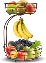 2 verdiepingen fruitmand met bananenhouder, fruitschaal, groentemand, van metaal, staande dagelijkse keukenopslag, fruitmand, fruitstandaard, brons