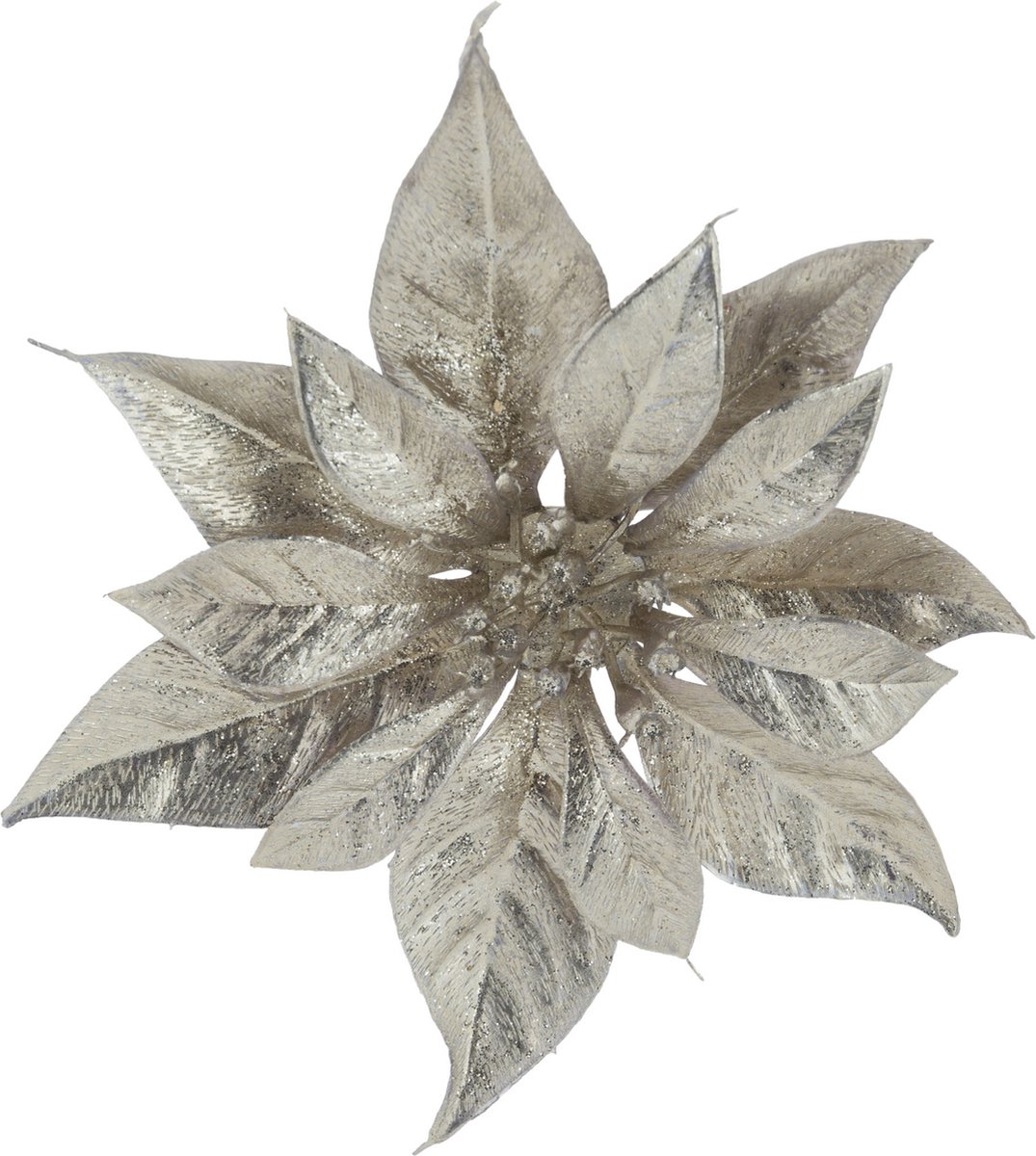 1x stuks decoratie bloemen kerststerren champagne glitter op clip 18 cm - Decoratiebloemen/kerstboomversiering