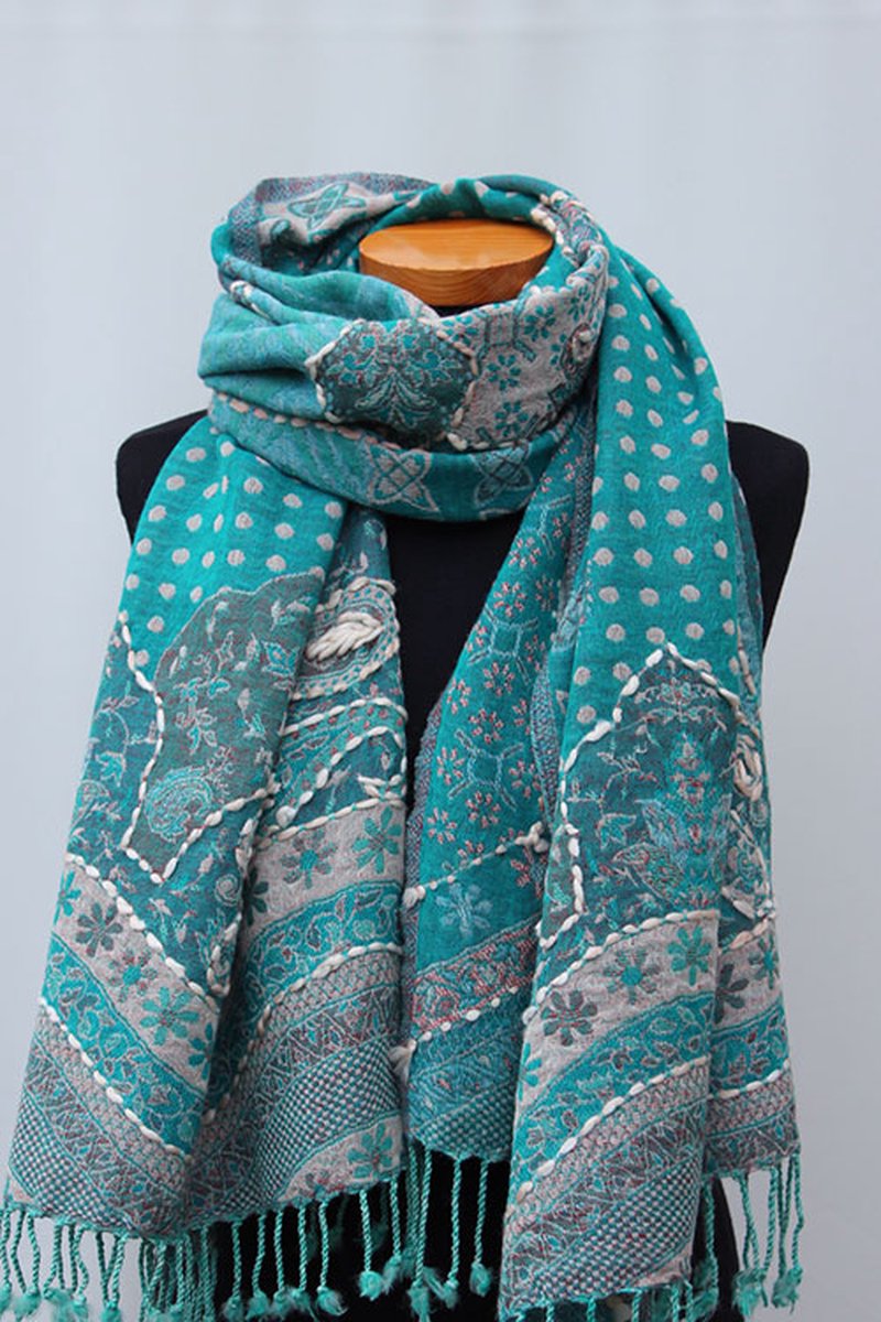 Wollen geborduurde sjaal en omslagdoek Turquoise