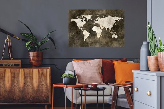 Sticker Muursticker Cartes du monde du Wereldkaart avec motif texturé dans les tons marron - 90x60 cm - Film adhésif autocollant - Sticker mural repositionnable