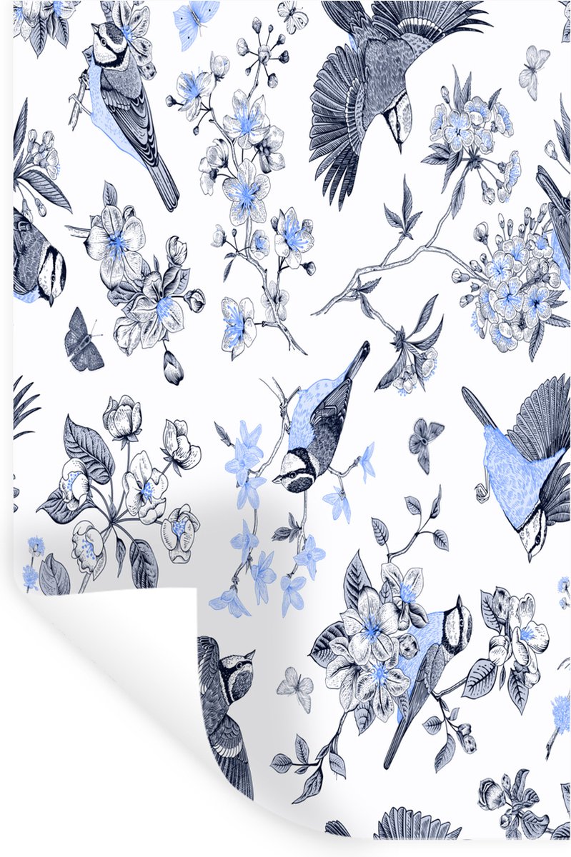 Muurstickers - Sticker Folie - Bloemen - Vogel - Blauw - 40x60 cm - Plakfolie - Muursticke