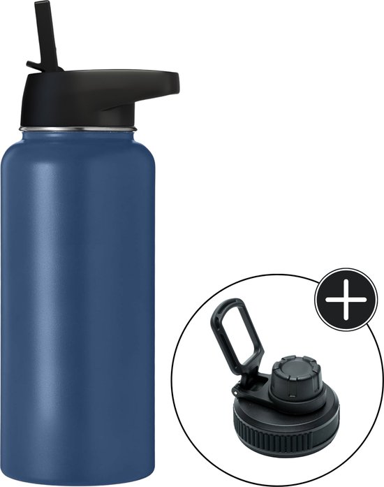 Bidon - Navy Blue - 1 Liter - Extra Dop Met Rietje & Drinktuit - Bidon Met Rietje - Isoleerfles - BPA vrij - Lekvrij - Bidon 1 liter