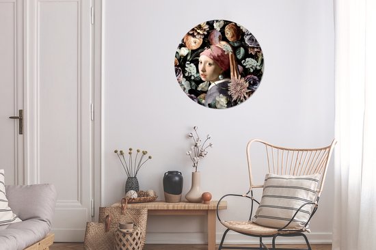 WallCircle - Stickers muraux - Cercle de papier peint - Fille à la boucle d'oreille en perle - Fleurs - Vermeer - Pastel - Oeuvre d'art - Peinture - Maîtres anciens - 80x80 cm - Cercle mural - Autocollant - Autocollant de papier peint rond