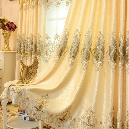 Set van 2 Europese gouden luxe jacquard-gordijnen voor slaapkamer en woonkamer (245 x 140 cm)
