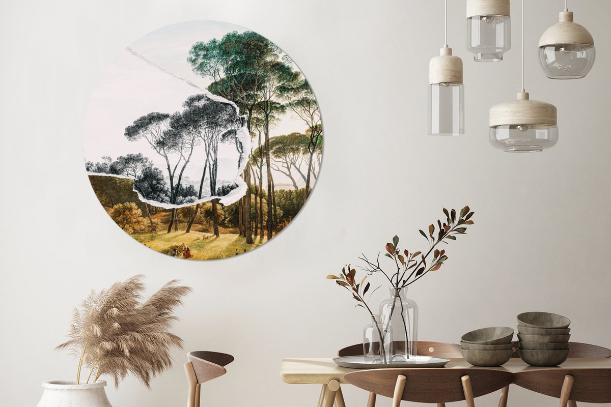 WallCircle® Wandcirkel 140x140 cm - Muurcirkel Italiaans landschap parasoldennen - Kunst -