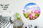 WallCircle - Cercle Mural - Cercle Mural - Fleurs - Prairie - Violet - Herbe - Wit - Nuages - Blauw - Aluminium - Dibond - 140x140 cm - Intérieur et Extérieur