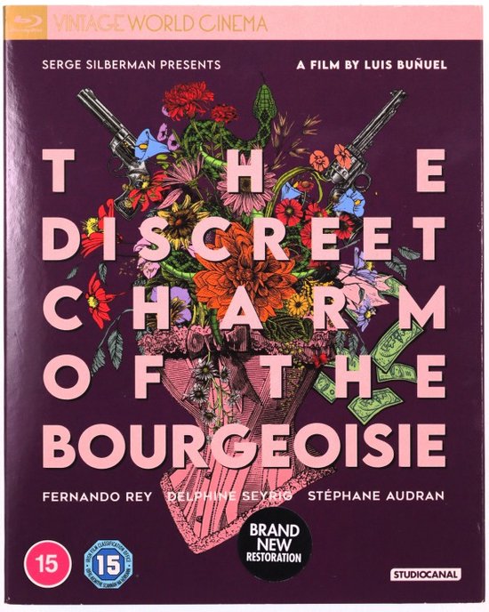 Voorzijde Blu-ray hoes van 'The Discreet Charm of the Bourgeoisie' met illustratie van pistolen en bloemen.