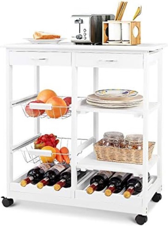 Relaxdays Chariot roulant Bambou, MDF, 2 tiroirs, plateau et étage, console d'appoint, desserte