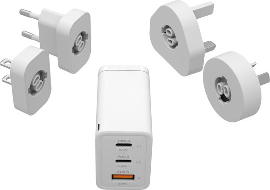 Cubenest Chargeur Voyage 65W GaN – 2 Ports USB C PD 3.0 + USB A – Avec Adaptateurs Mondiaux (EU/US/GB/AU) – Pour MacBook, IPhone, Tablette