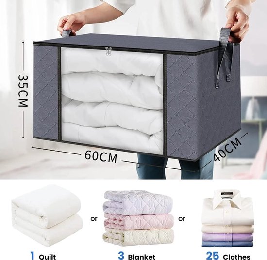 Grijze opbergdoos (60x40x35cm) met transparant venster, gevuld met een quilt.