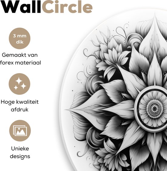 WallCircle - Cercle mural ⌀ 60 - Mandala - Zwart - Wit - Fleurs - Tableaux ronds salon - Plaque murale ronde - Cercle de Décoration murale - Décoration de chambre à l'intérieur - Cercle Décoration murale - Accessoires de maison