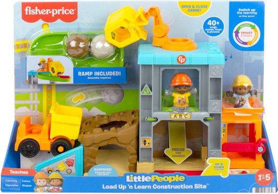 Verpakking van de Fisher-Price bouwplaats-speelset met kraan, kiepwagen en twee figuren.