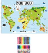Schetsboek dieren wereldkaart A4 50 paginas met 50 viltstiften - Tekenboeken cadeau voor kinderen