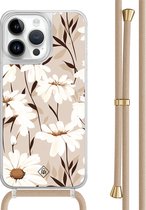 Casimoda® hoesje met beige koord - Geschikt voor iPhone 13 Pro Max - In Bloom - Afneembaar koord - TPU/polycarbonaat - Bruin/beige